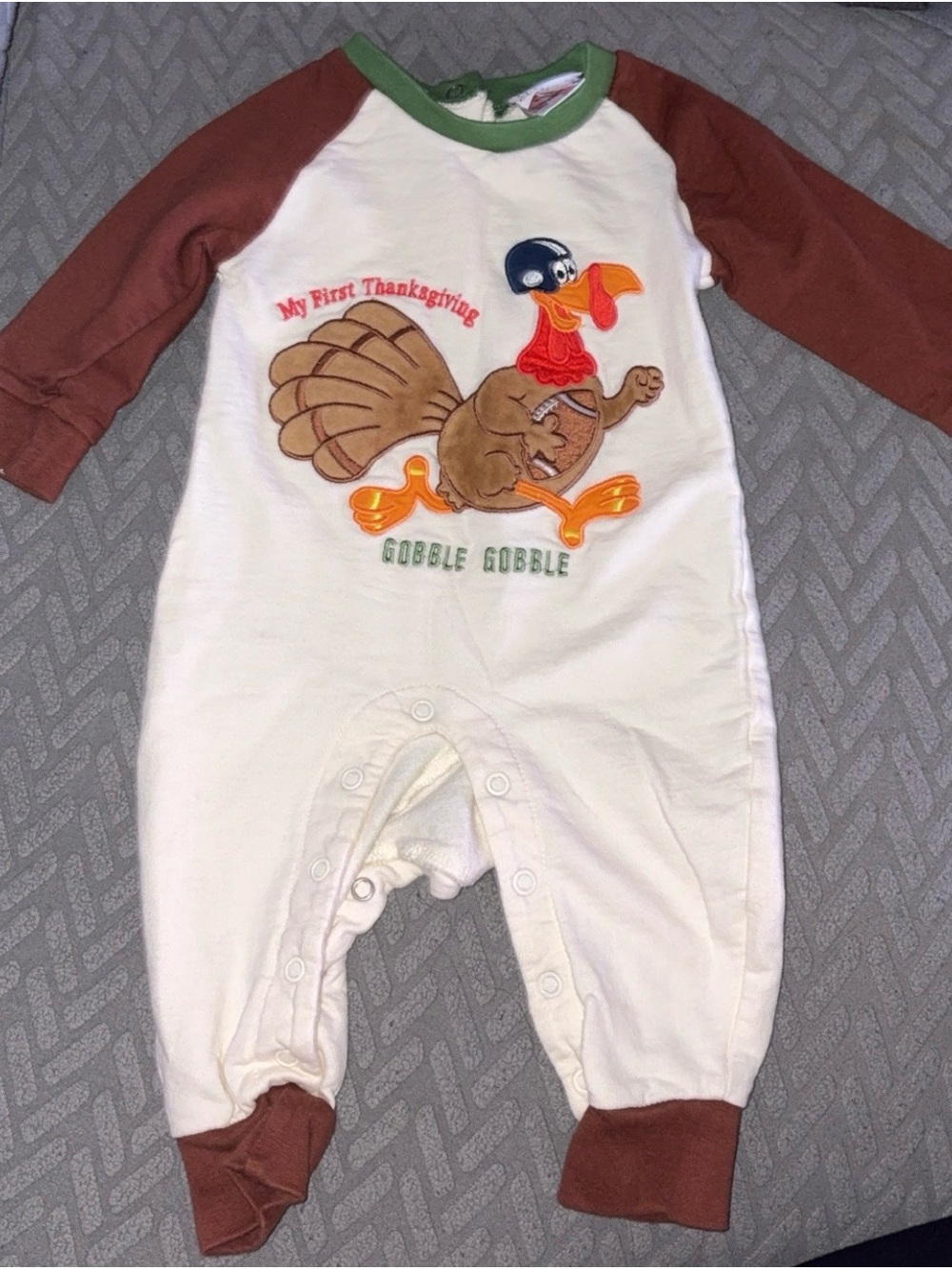 Kids Thanksgiving One-Piece Romper in Cream and Brown - Gobble Gobble